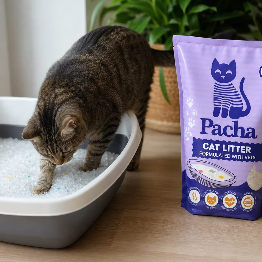 A cat stepping into its tray filled with Pacha litter, the bag beside it