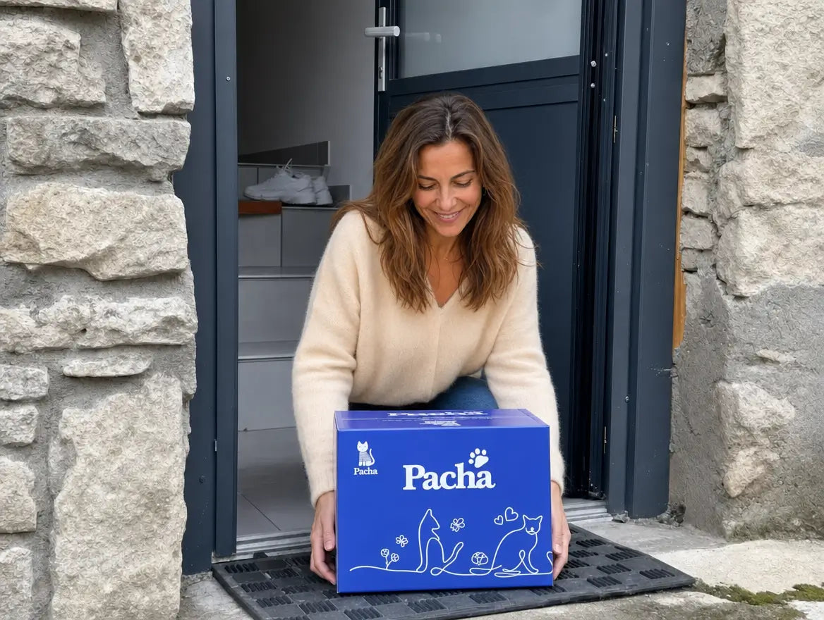 A Pacha customer taking delivery of her Pacha parcel on the doorstep