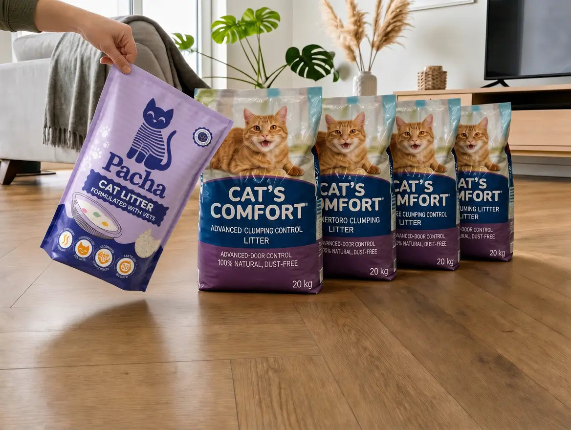 1 Pacha bag next to 4 bags of standard clumping litter to show how long it lasts, 1 Pacha bag = 4 competitor bags