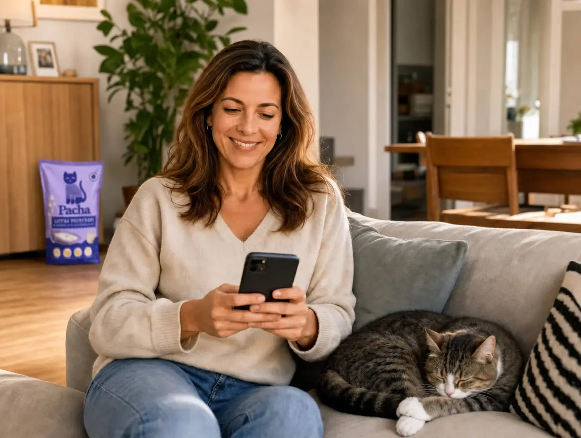 A relaxed customer on her sofa checking her phone, a cat dozing beside her